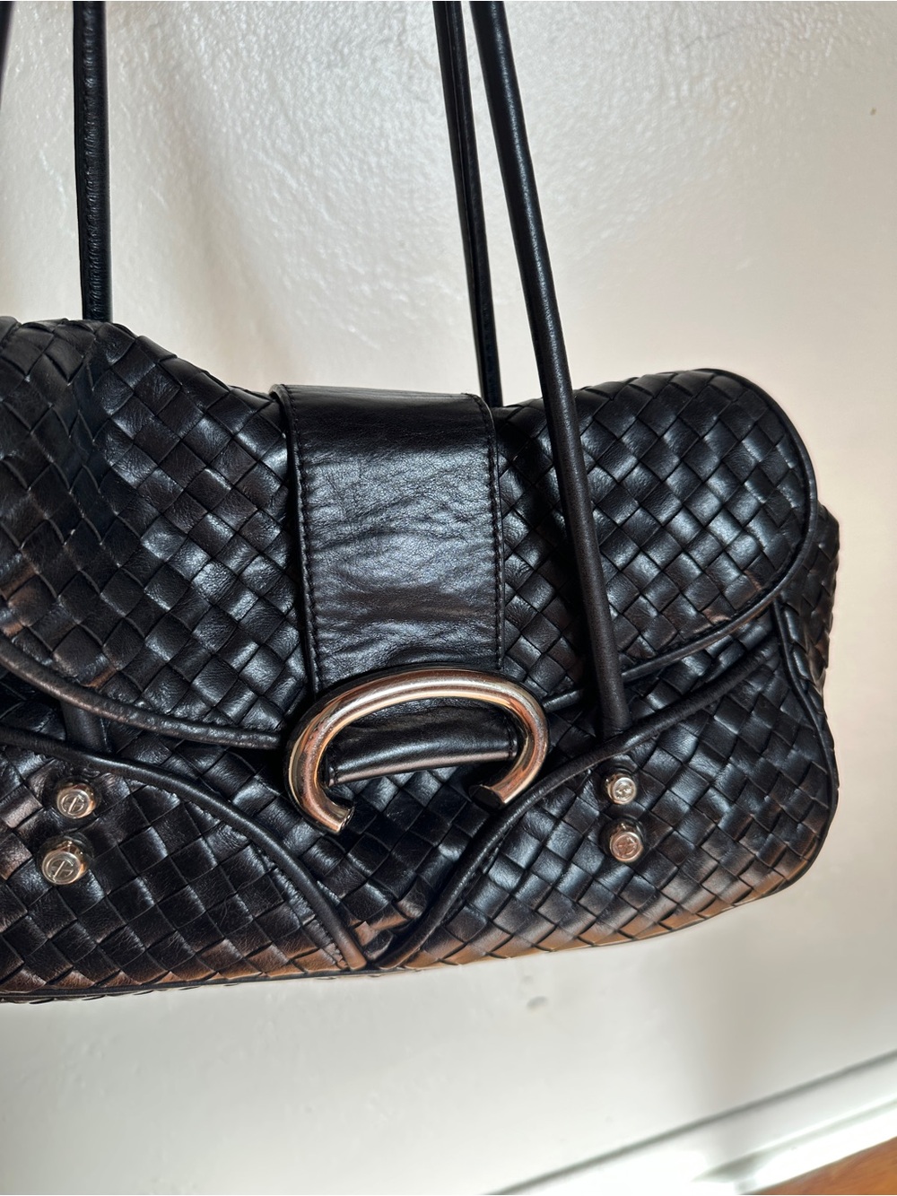 Francesco Biasia Black Woven Leather Shoulder Bag with Silver Hardware